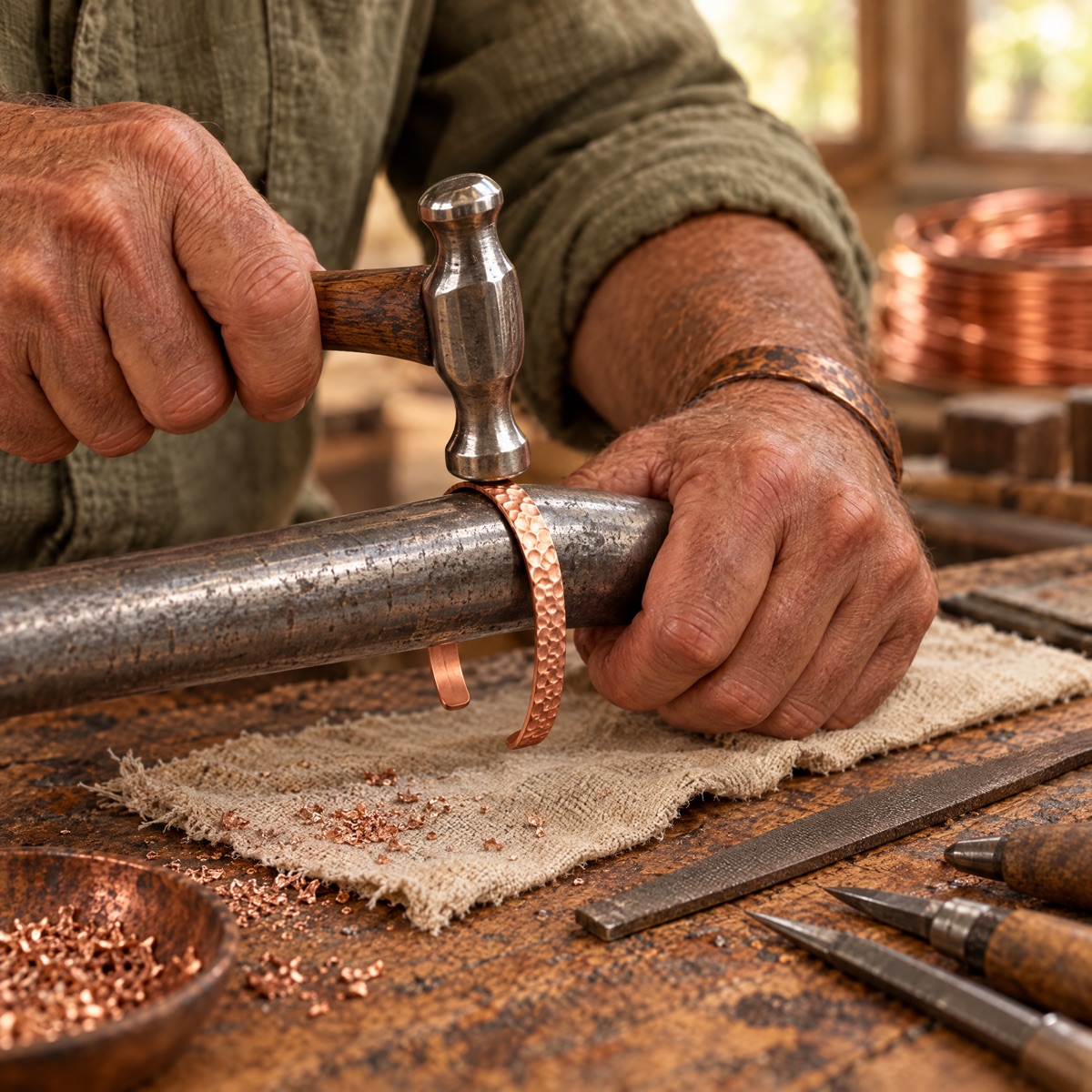 A craftsman hammering a pure copper cuff by hand on a steel mandrel
